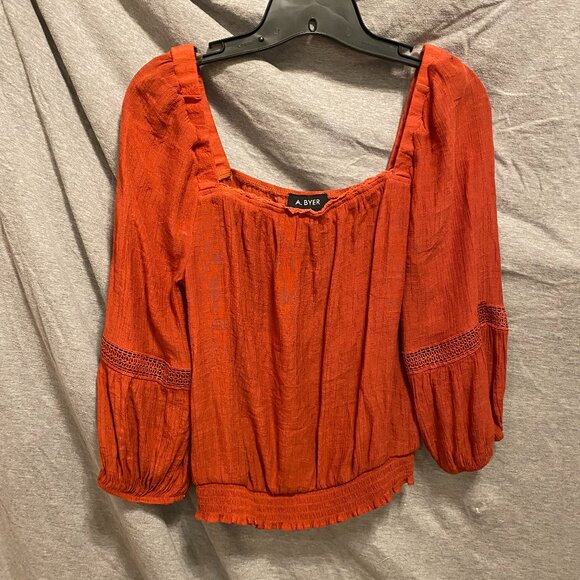 A. Byer Tops - A. Byer Blouse Orange wide sleeves Polyester Stretch Size Large Embroidery